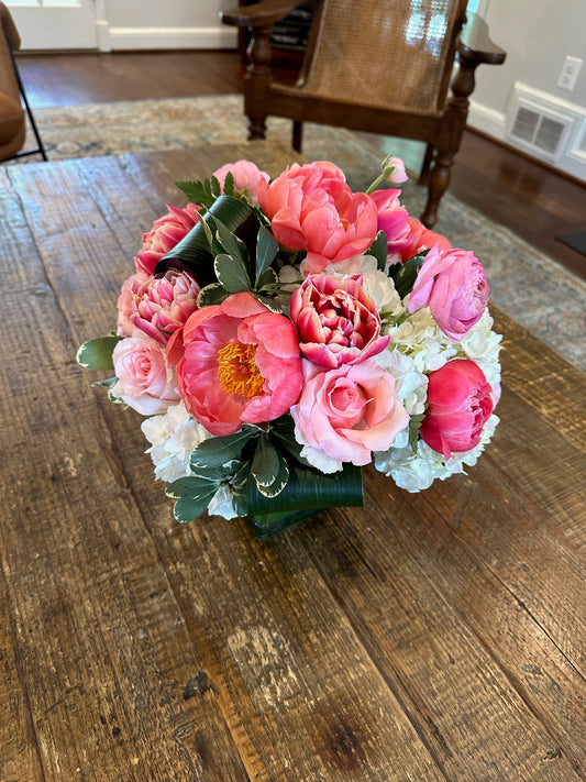 Spring Coral Charm Peony & Double Tulip Centerpiece